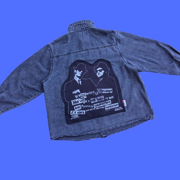 SOLD Handmade, Upcycled The Blues Brothers Black Denim Jacket Size S - Picture 3 of 4